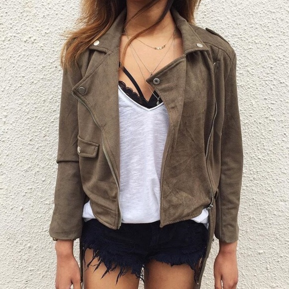 Missguided Faux Suede Moto Jacket in Taupe